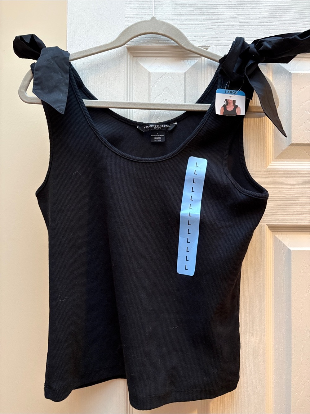 French Connection tank Black bow Tie-Shoulder Ribbed Tank NWT Large
